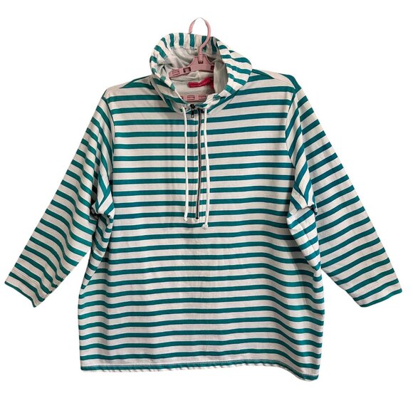 Striped 1/4 Zip Hoodie Woman Within SZ 3X Cotton Polyester Teal White Nautical - Picture 1 of 11